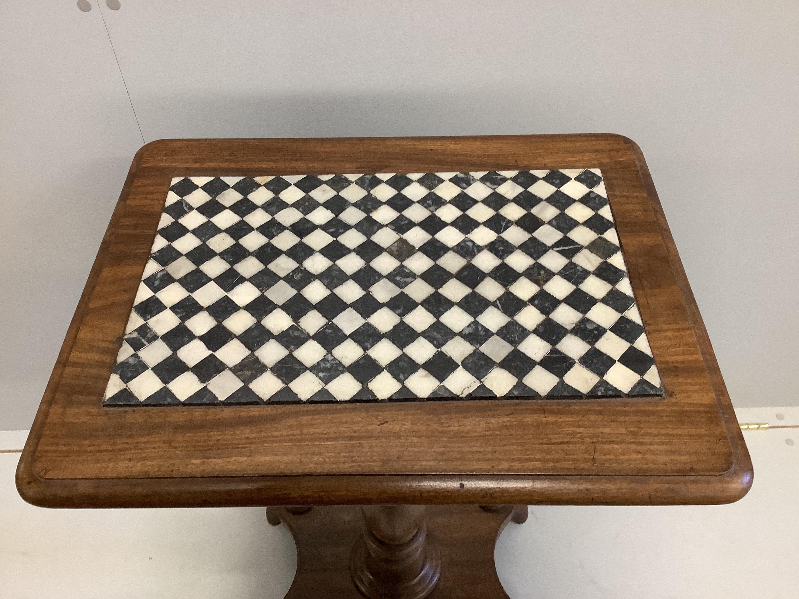 A Victorian rectangular mahogany centre table with a chequer marble inset top, width 57cm, depth 45cm, height 77cm